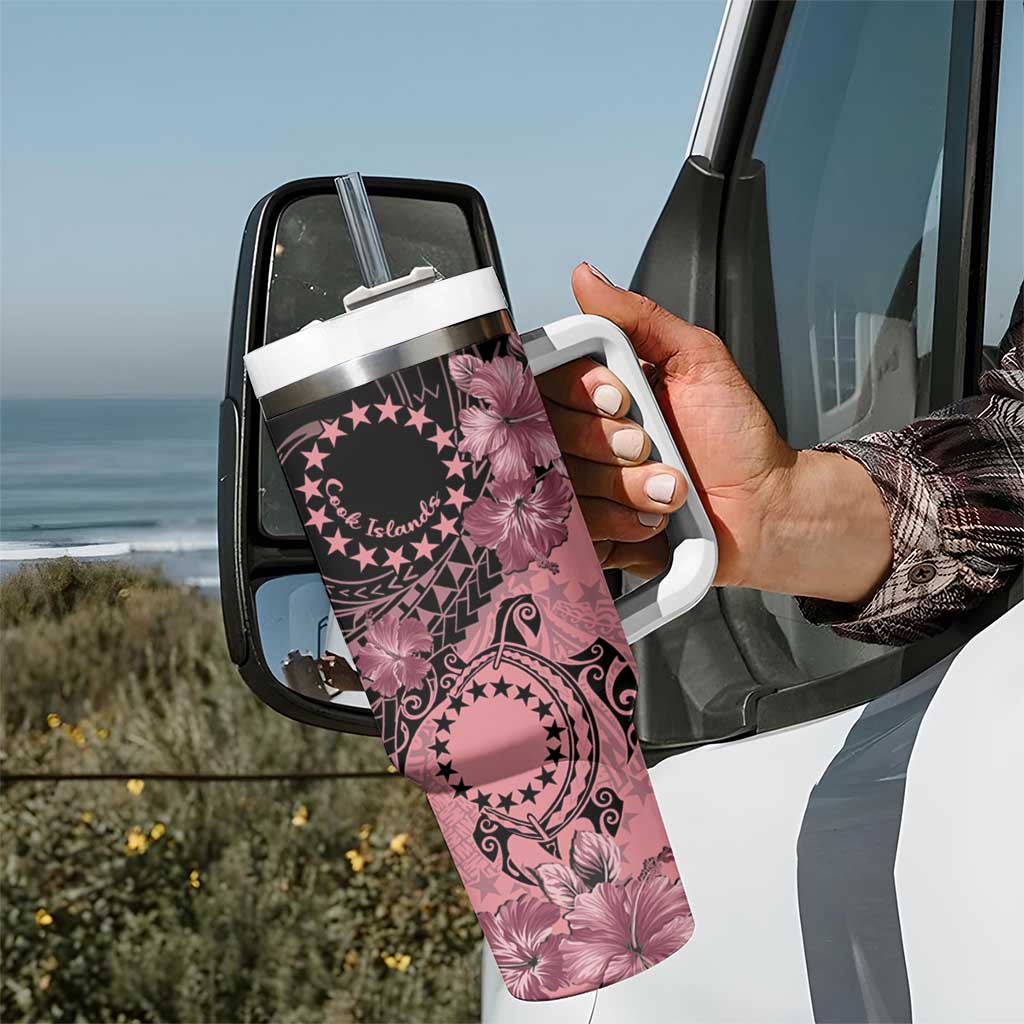 Cook Islands Turtle Tumbler With Handle Stars and Hibiscus - Pink LT01 - Polynesian Pride