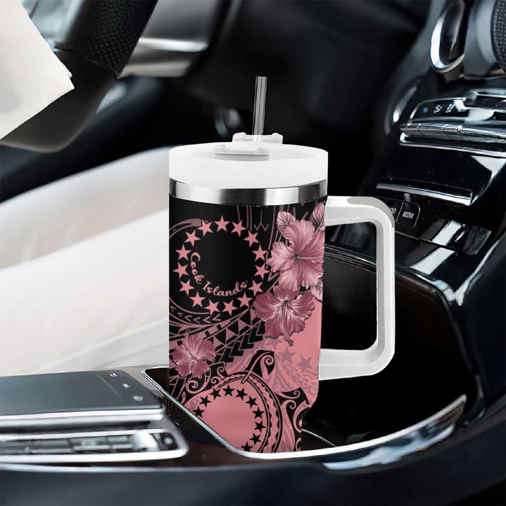 Cook Islands Turtle Tumbler With Handle Stars and Hibiscus - Pink LT01 - Polynesian Pride