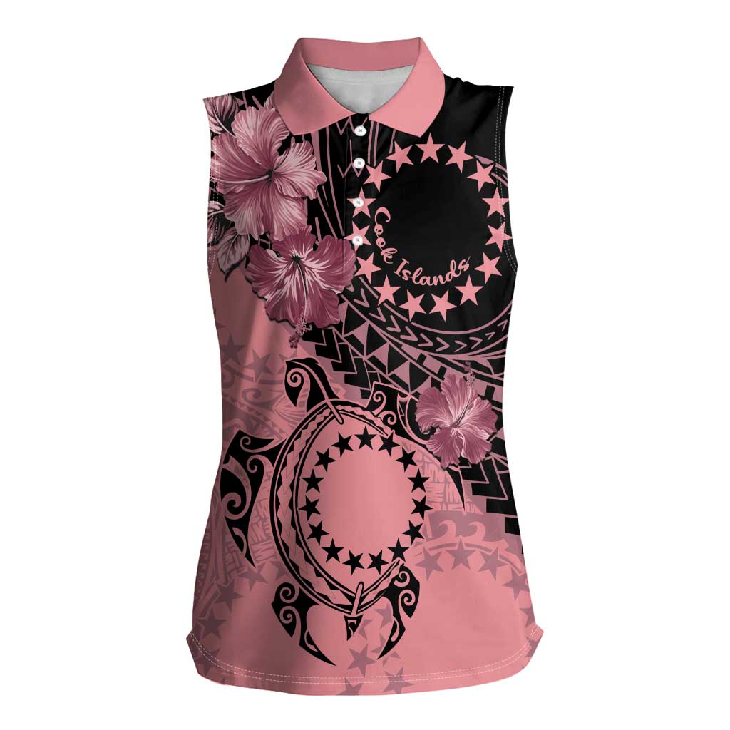 Cook Islands Turtle Women Sleeveless Polo Shirt Stars and Hibiscus - Pink