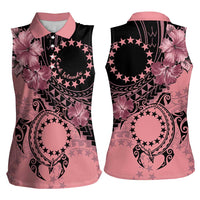 Cook Islands Turtle Women Sleeveless Polo Shirt Stars and Hibiscus - Pink