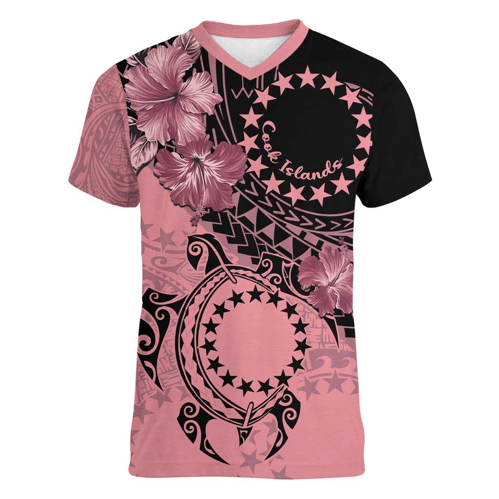 Cook Islands Turtle Women V-Neck T-Shirt Stars and Hibiscus - Pink LT01 Female Pink - Polynesian Pride