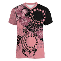 Cook Islands Turtle Women V-Neck T-Shirt Stars and Hibiscus - Pink LT01 Female Pink - Polynesian Pride
