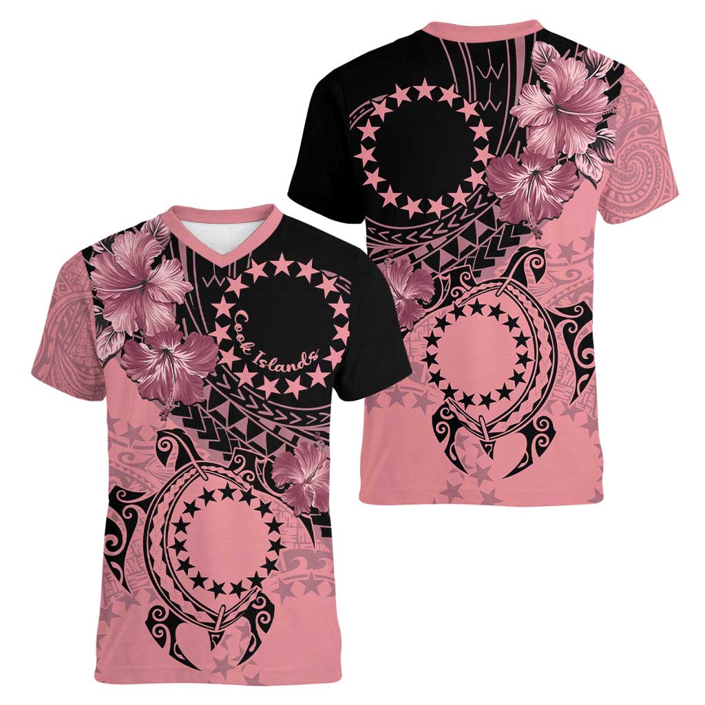 Cook Islands Turtle Women V-Neck T-Shirt Stars and Hibiscus - Pink LT01 - Polynesian Pride
