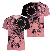Cook Islands Turtle Women V-Neck T-Shirt Stars and Hibiscus - Pink LT01 - Polynesian Pride