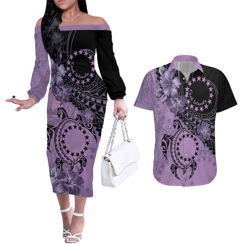 Cook Islands Turtle Couples Matching Off The Shoulder Long Sleeve Dress and Hawaiian Shirt Stars and Hibiscus - Purple