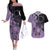 Cook Islands Turtle Couples Matching Off The Shoulder Long Sleeve Dress and Hawaiian Shirt Stars and Hibiscus - Purple