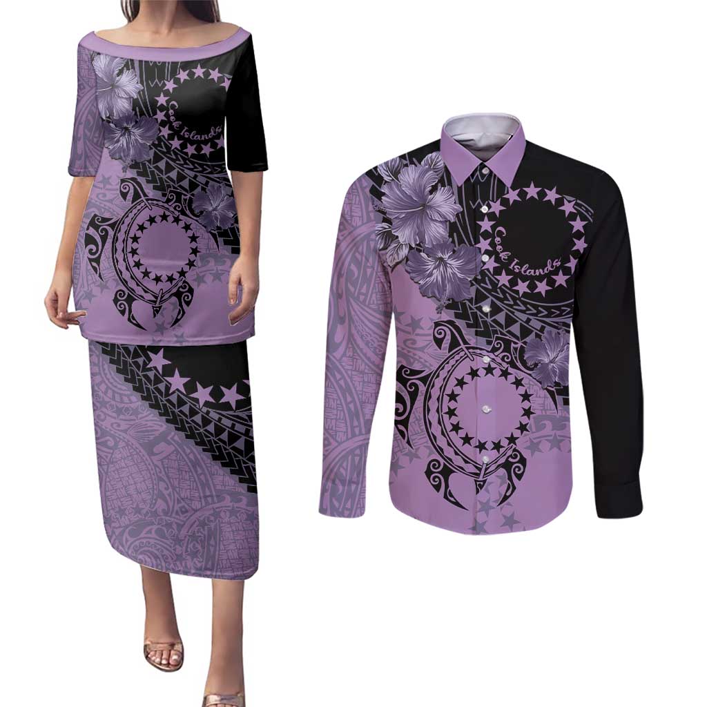 Cook Islands Turtle Couples Matching Puletasi and Long Sleeve Button Shirt Stars and Hibiscus - Purple LT01 Purple - Polynesian Pride