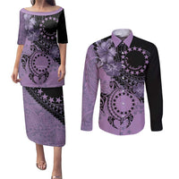 Cook Islands Turtle Couples Matching Puletasi and Long Sleeve Button Shirt Stars and Hibiscus - Purple LT01 Purple - Polynesian Pride