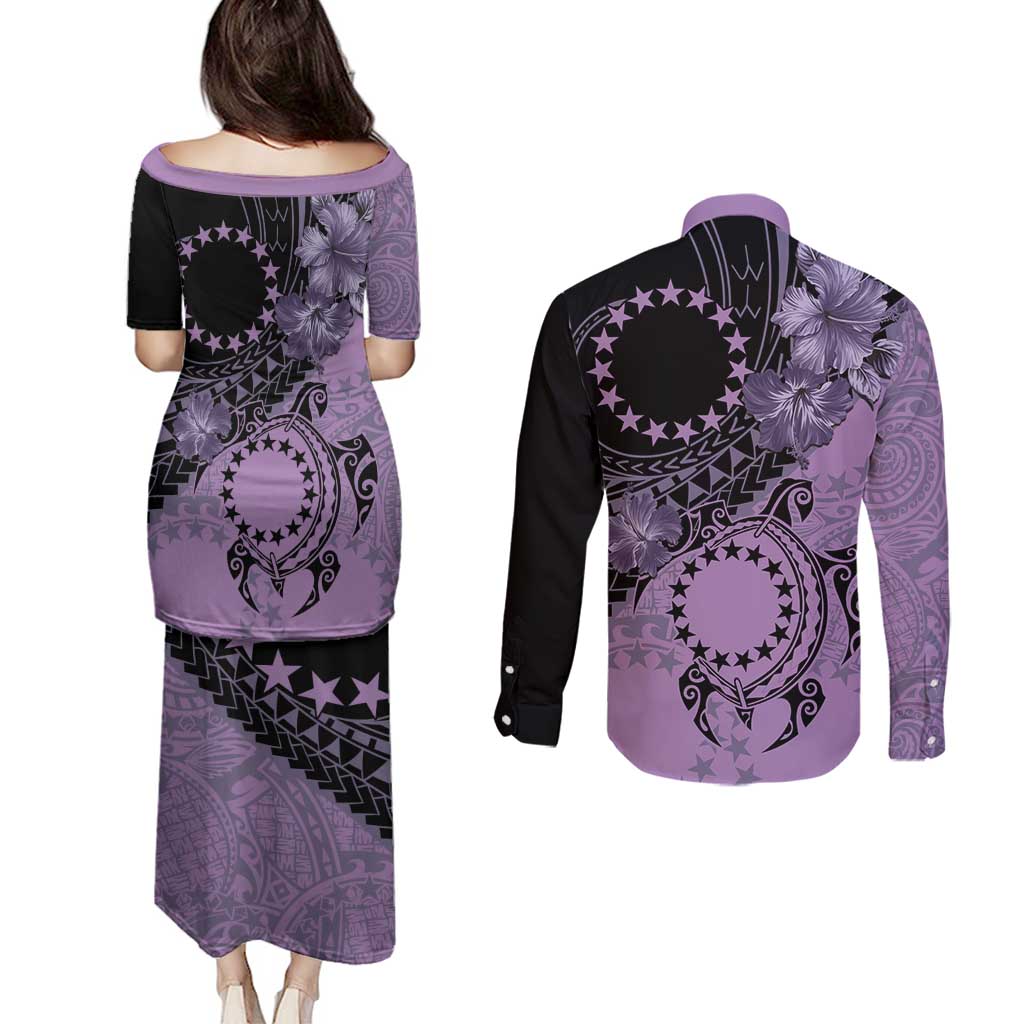Cook Islands Turtle Couples Matching Puletasi and Long Sleeve Button Shirt Stars and Hibiscus - Purple LT01 - Polynesian Pride