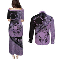 Cook Islands Turtle Couples Matching Puletasi and Long Sleeve Button Shirt Stars and Hibiscus - Purple LT01 - Polynesian Pride