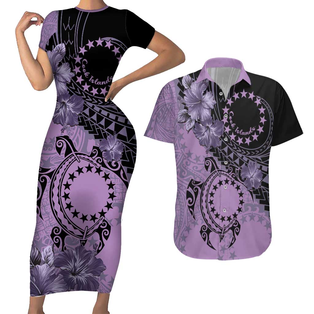 Cook Islands Turtle Couples Matching Short Sleeve Bodycon Dress and Hawaiian Shirt Stars and Hibiscus - Purple LT01 Purple - Polynesian Pride