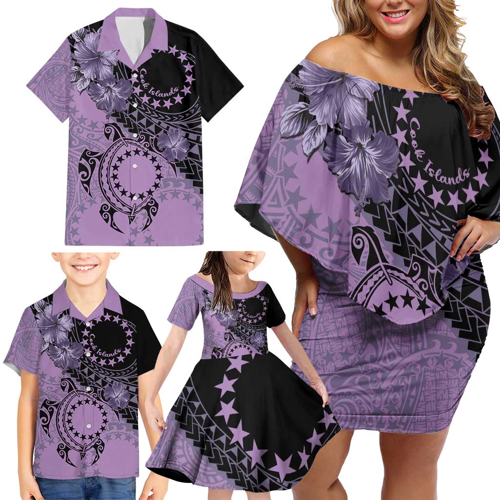 Cook Islands Turtle Family Matching Off Shoulder Short Dress and Hawaiian Shirt Stars and Hibiscus - Purple