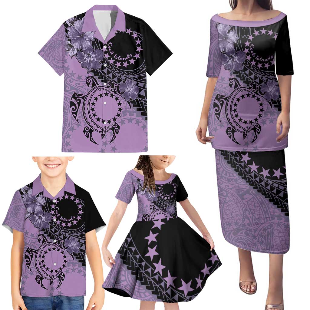 Cook Islands Turtle Family Matching Puletasi and Hawaiian Shirt Stars and Hibiscus - Purple