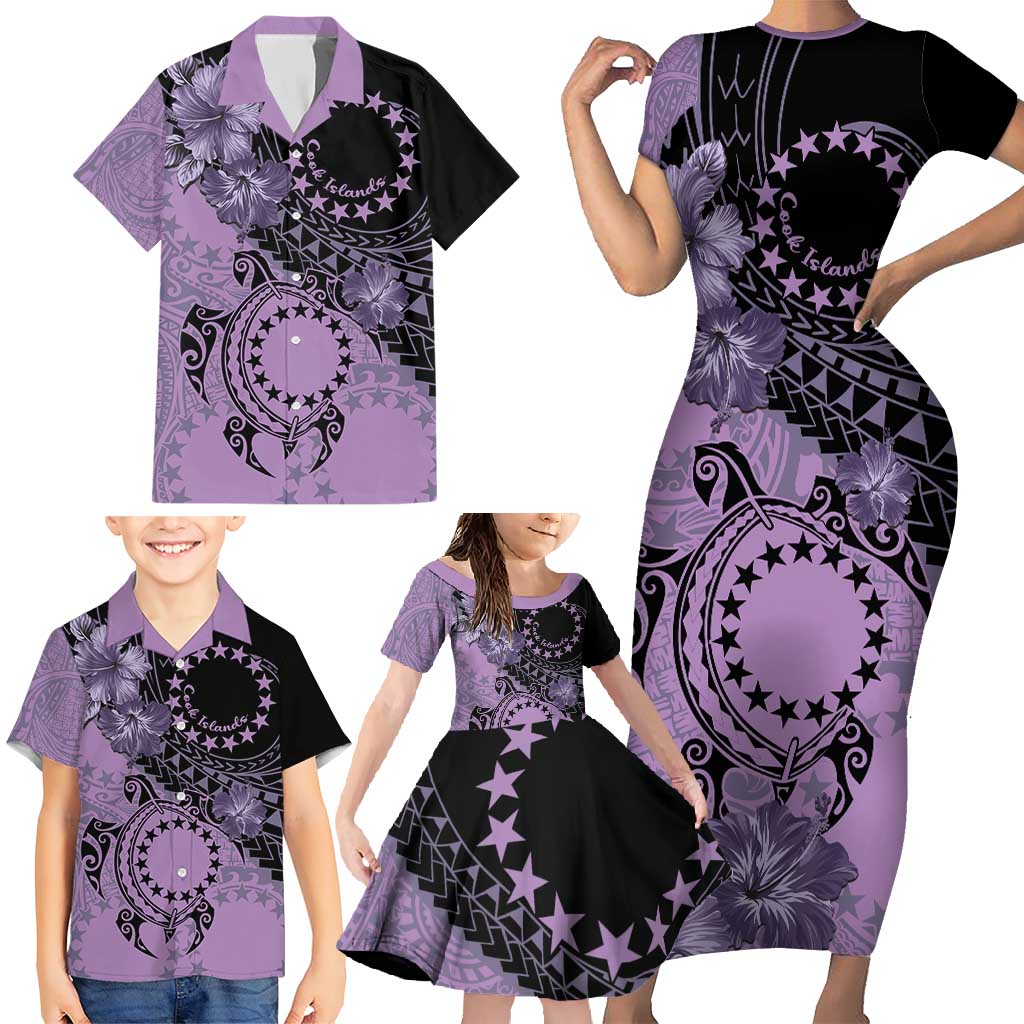 Cook Islands Turtle Family Matching Short Sleeve Bodycon Dress and Hawaiian Shirt Stars and Hibiscus - Purple