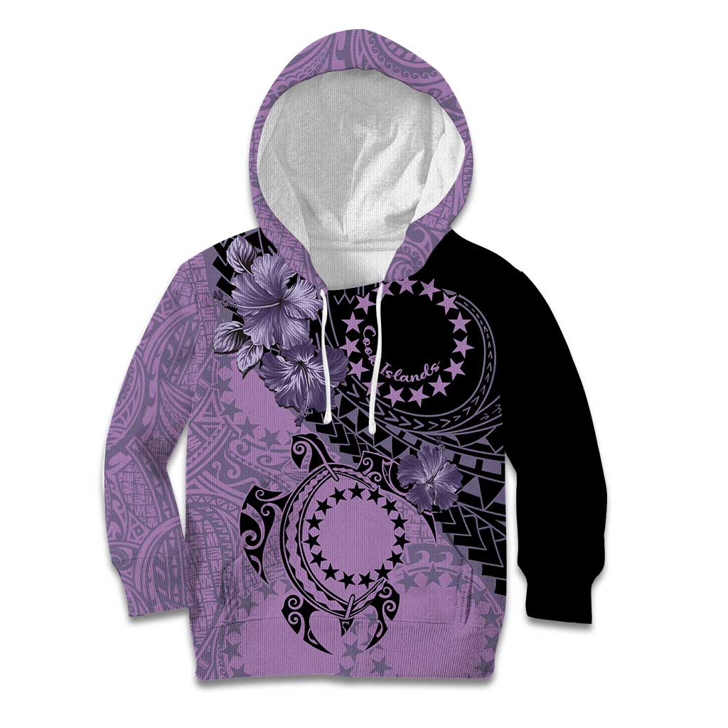 Cook Islands Turtle Kid Hoodie Stars and Hibiscus - Purple