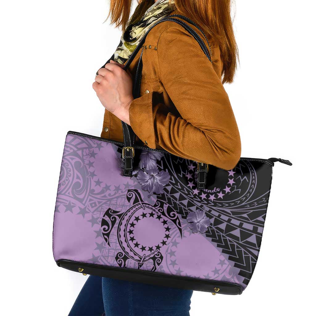 Cook Islands Turtle Leather Tote Bag Stars and Hibiscus - Purple