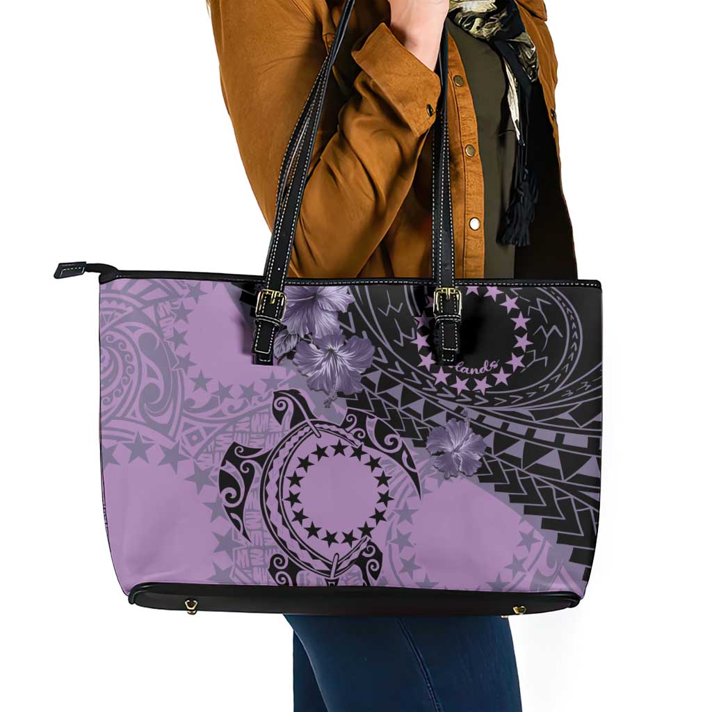 Cook Islands Turtle Leather Tote Bag Stars and Hibiscus - Purple LT01 - Polynesian Pride