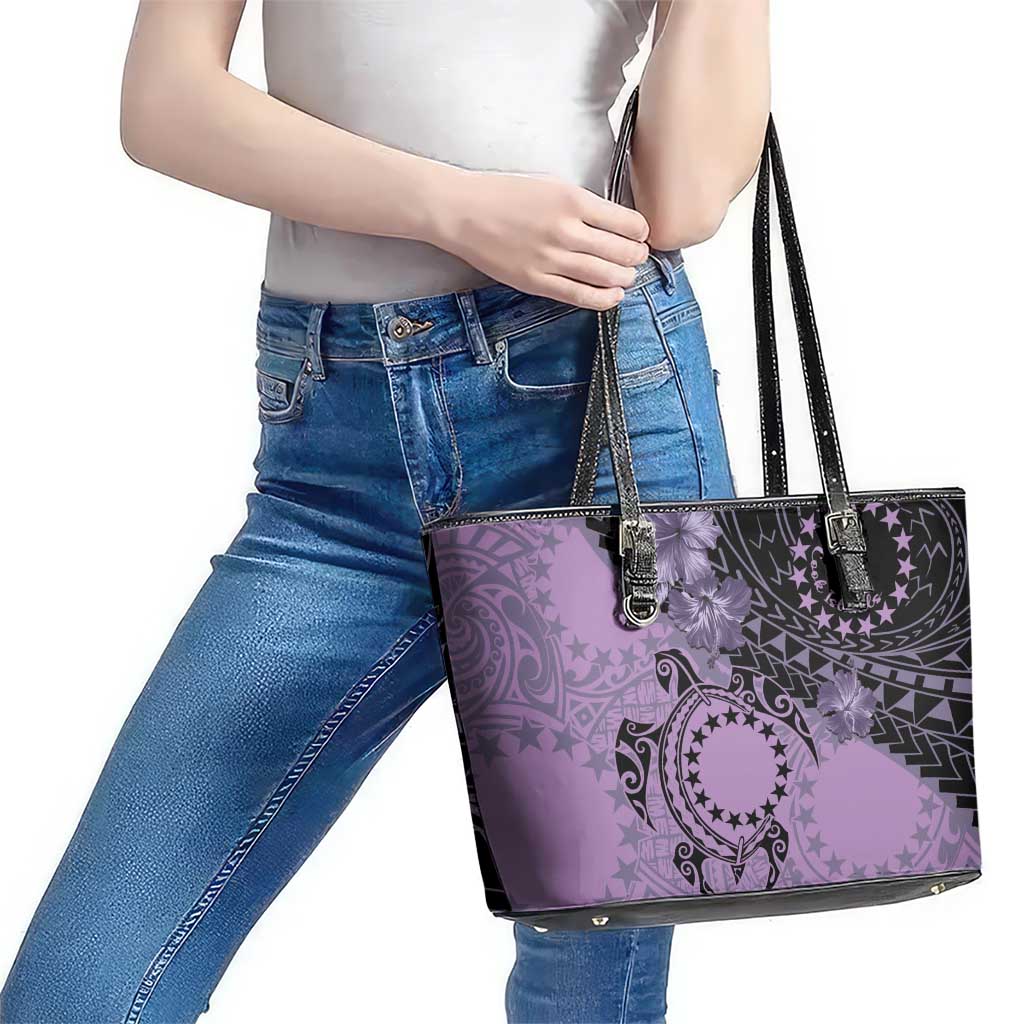 Cook Islands Turtle Leather Tote Bag Stars and Hibiscus - Purple LT01 - Polynesian Pride