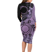Cook Islands Turtle Long Sleeve Bodycon Dress Stars and Hibiscus - Purple
