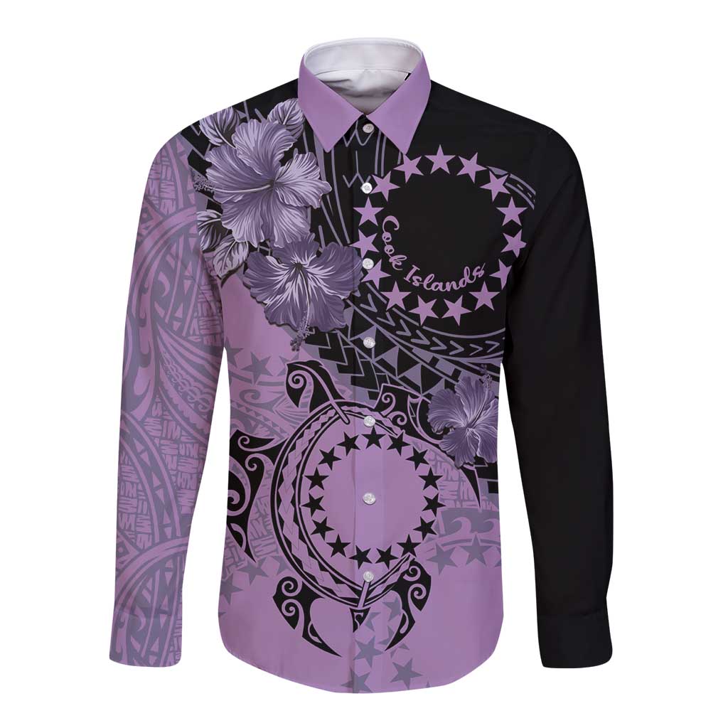 Cook Islands Turtle Long Sleeve Button Shirt Stars and Hibiscus - Purple