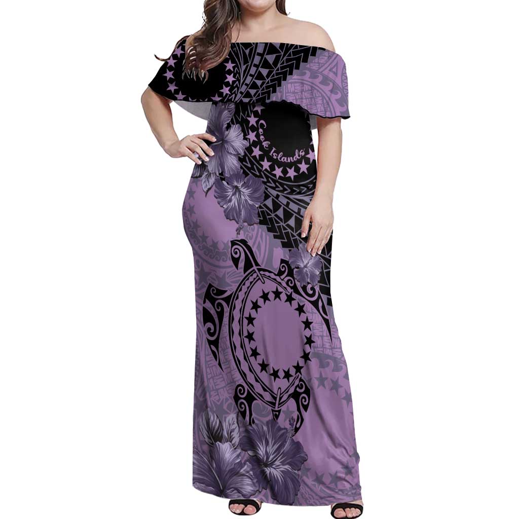 Cook Islands Turtle Off Shoulder Maxi Dress Stars and Hibiscus - Purple LT01 Women Purple - Polynesian Pride