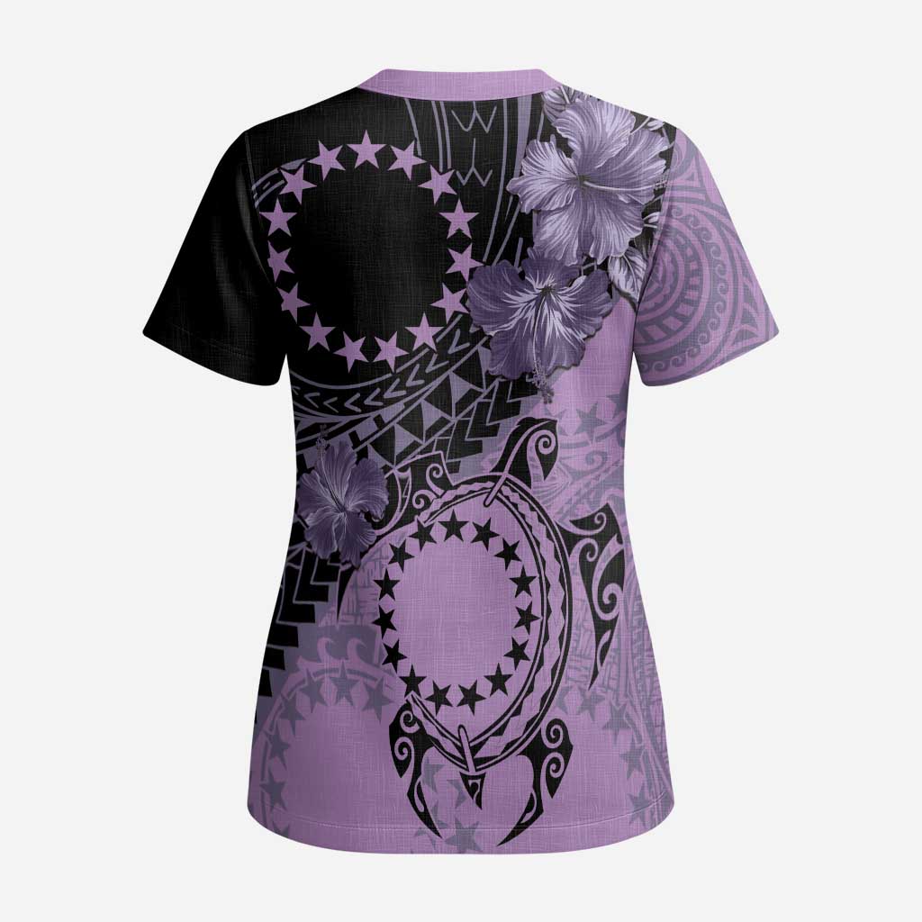 Cook Islands Turtle Scrub Top Stars and Hibiscus - Purple - Polynesian Pride