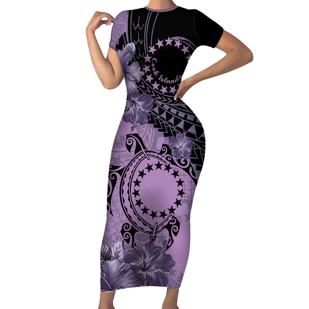 Cook Islands Turtle Short Sleeve Bodycon Dress Stars and Hibiscus - Purple