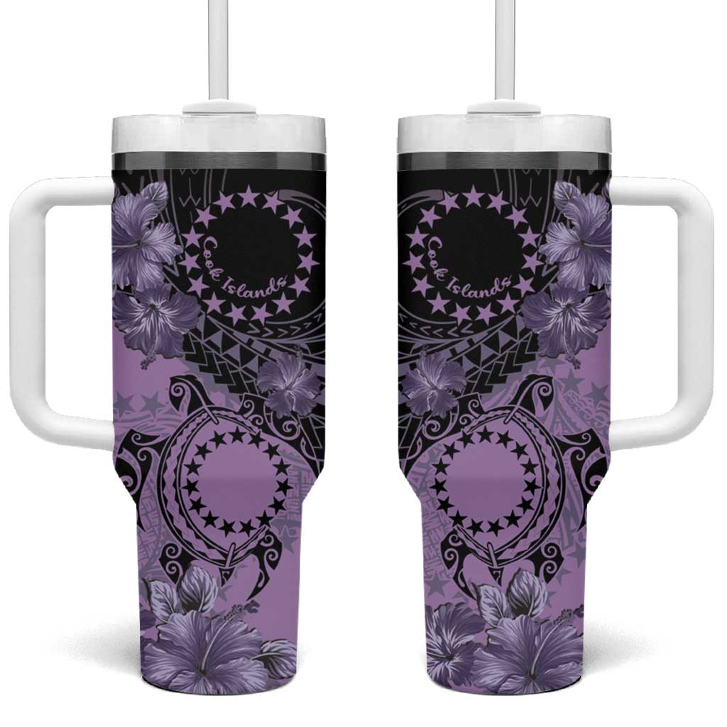 Cook Islands Turtle Tumbler With Handle Stars and Hibiscus - Purple LT01 One Size: 40 oz Purple - Polynesian Pride