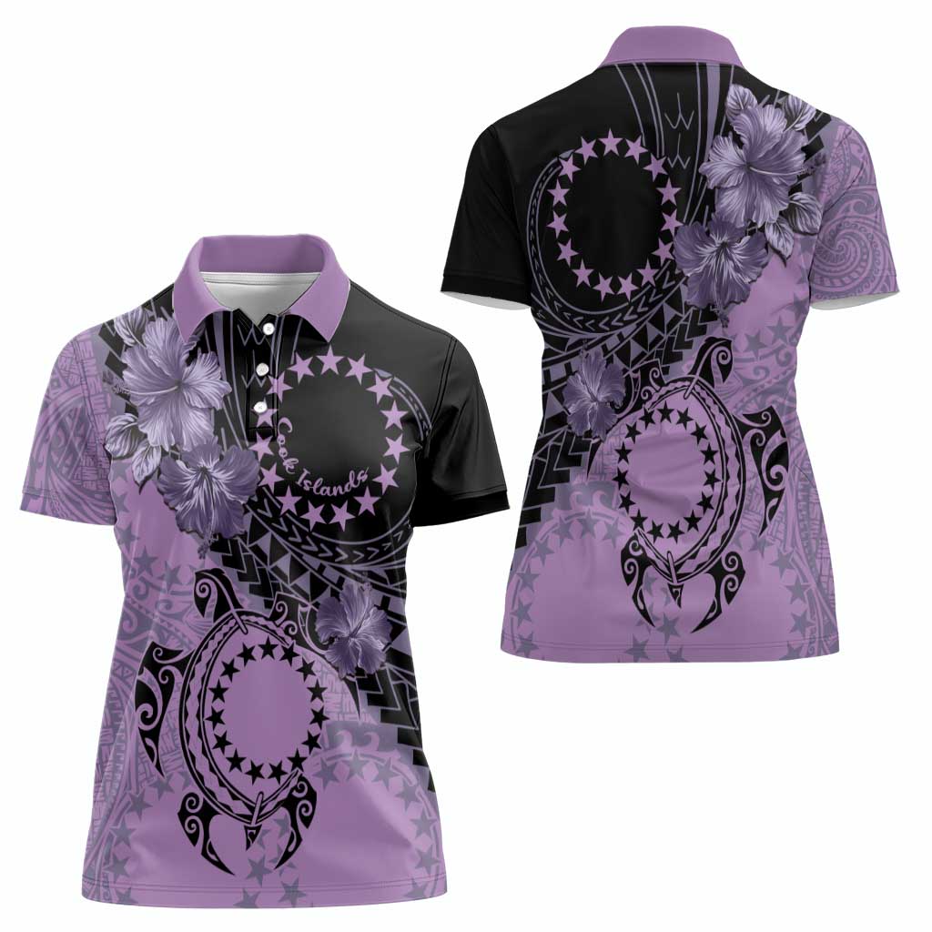 Cook Islands Turtle Women Polo Shirt Stars and Hibiscus - Purple