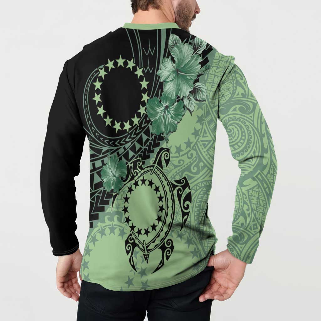 Cook Islands Turtle Button Sweatshirt Stars and Hibiscus - Green LT01 - Polynesian Pride
