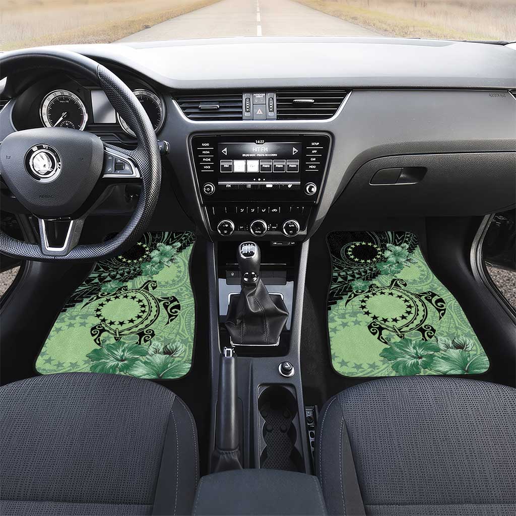 Cook Islands Turtle Car Mats Stars and Hibiscus - Green LT01 Set 2pcs - Front Green - Polynesian Pride