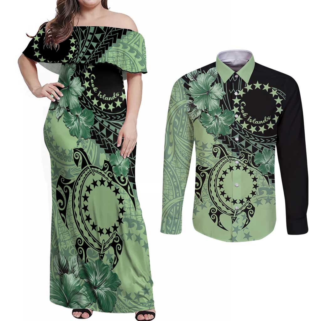 Cook Islands Turtle Couples Matching Off Shoulder Maxi Dress and Long Sleeve Button Shirt Stars and Hibiscus - Green LT01 Green - Polynesian Pride