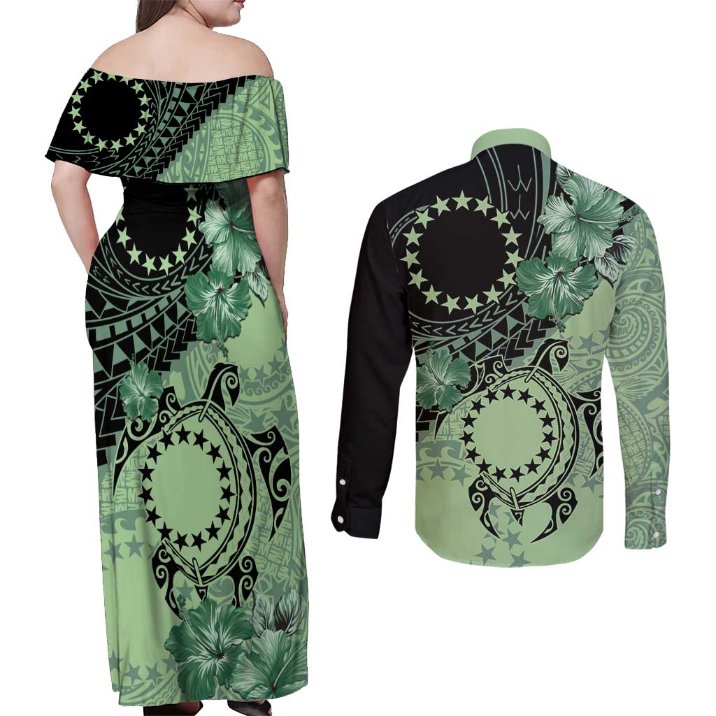 Cook Islands Turtle Couples Matching Off Shoulder Maxi Dress and Long Sleeve Button Shirt Stars and Hibiscus - Green LT01 - Polynesian Pride