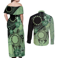 Cook Islands Turtle Couples Matching Off Shoulder Maxi Dress and Long Sleeve Button Shirt Stars and Hibiscus - Green LT01 - Polynesian Pride