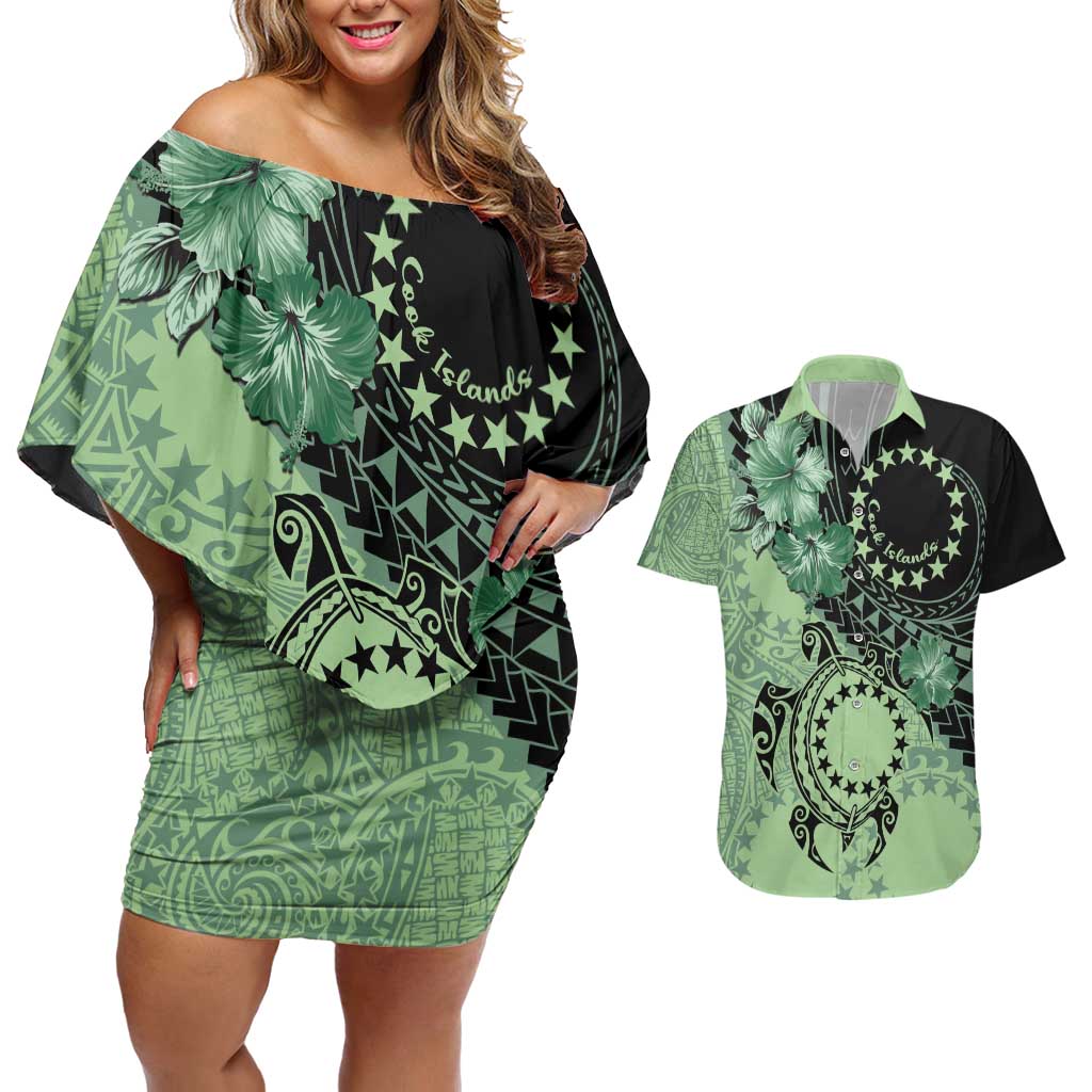 Cook Islands Turtle Couples Matching Off Shoulder Short Dress and Hawaiian Shirt Stars and Hibiscus - Green LT01 Green - Polynesian Pride