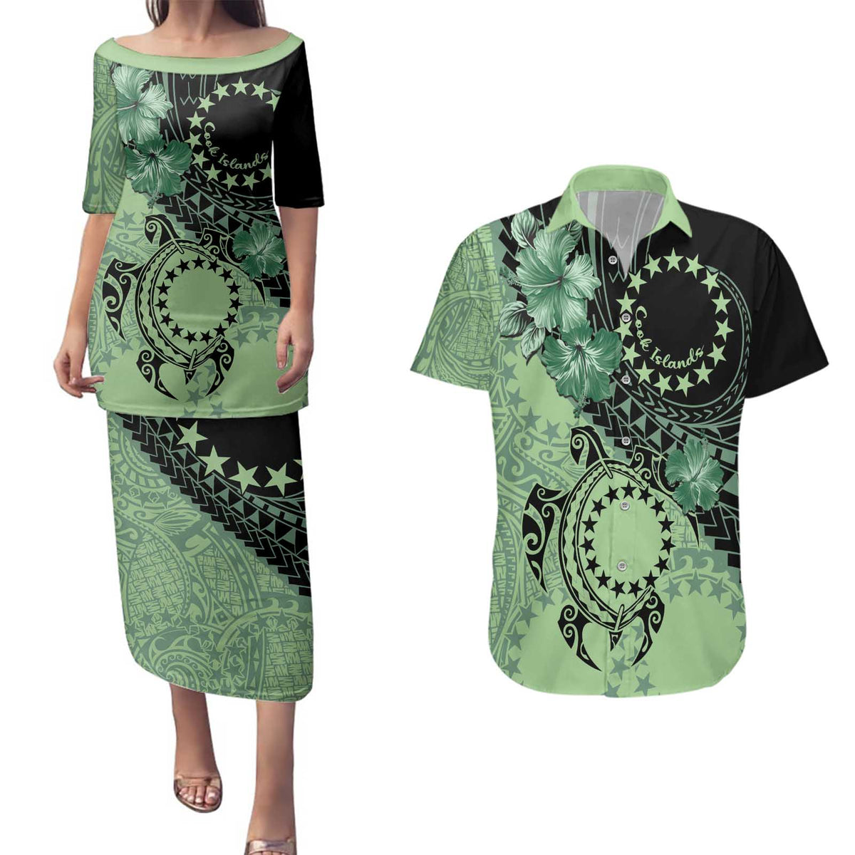 Cook Islands Turtle Couples Matching Puletasi and Hawaiian Shirt Stars and Hibiscus - Green LT01 Green - Polynesian Pride