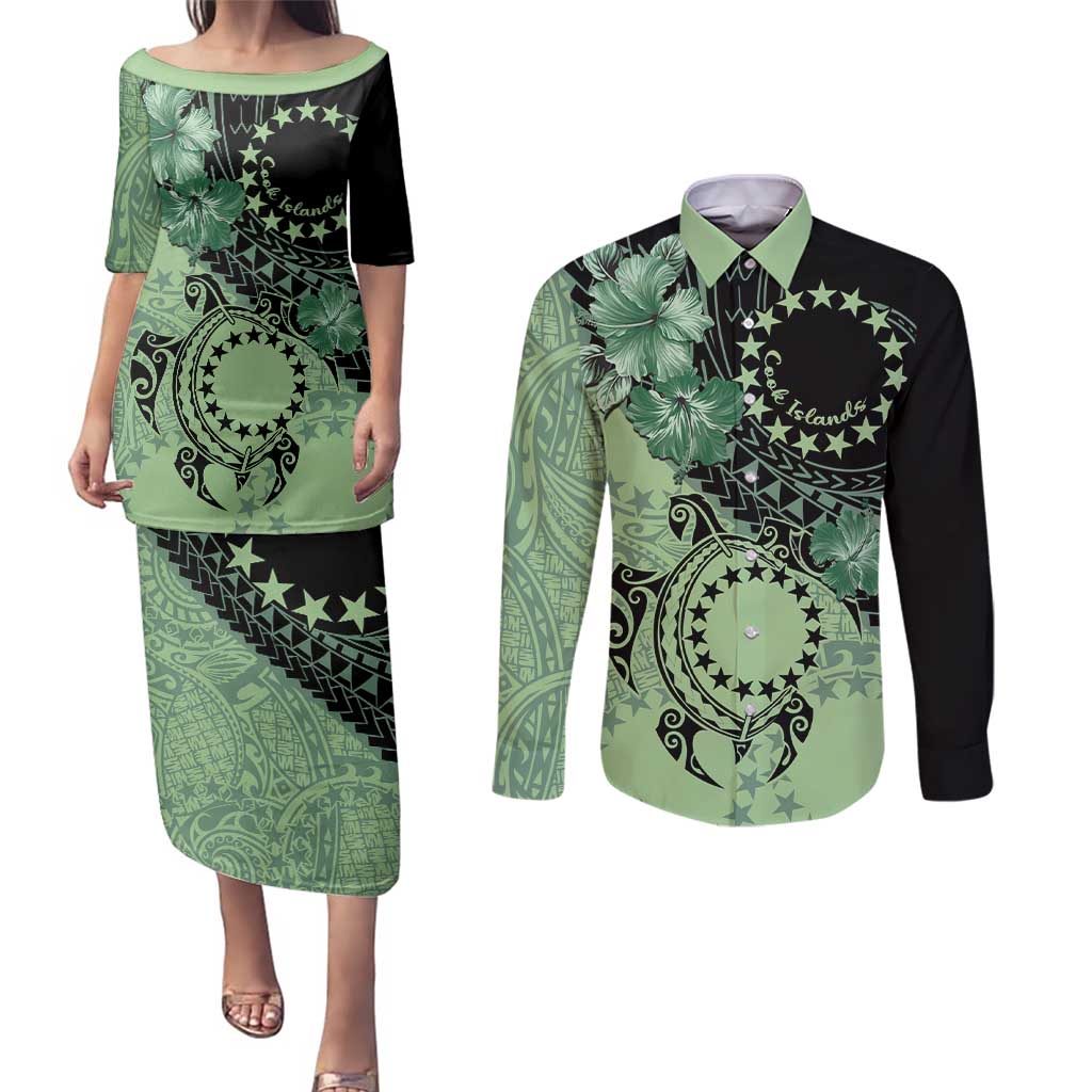 Cook Islands Turtle Couples Matching Puletasi and Long Sleeve Button Shirt Stars and Hibiscus - Green LT01 Green - Polynesian Pride