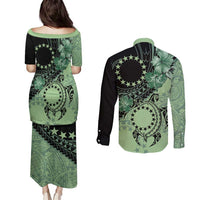 Cook Islands Turtle Couples Matching Puletasi and Long Sleeve Button Shirt Stars and Hibiscus - Green LT01 - Polynesian Pride