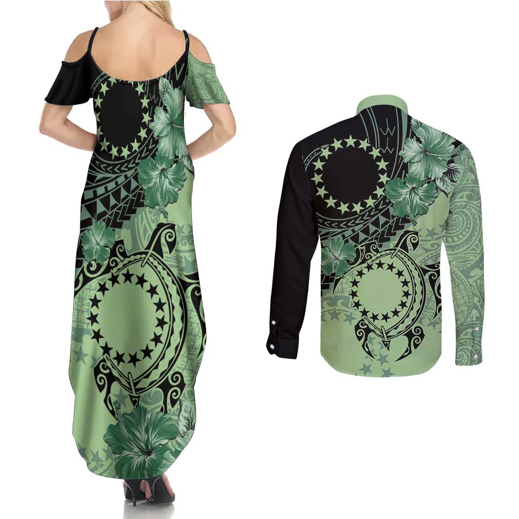 Cook Islands Turtle Couples Matching Summer Maxi Dress and Long Sleeve Button Shirt Stars and Hibiscus - Green LT01 - Polynesian Pride