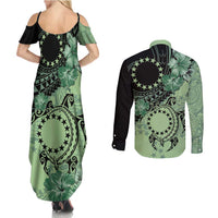 Cook Islands Turtle Couples Matching Summer Maxi Dress and Long Sleeve Button Shirt Stars and Hibiscus - Green LT01 - Polynesian Pride