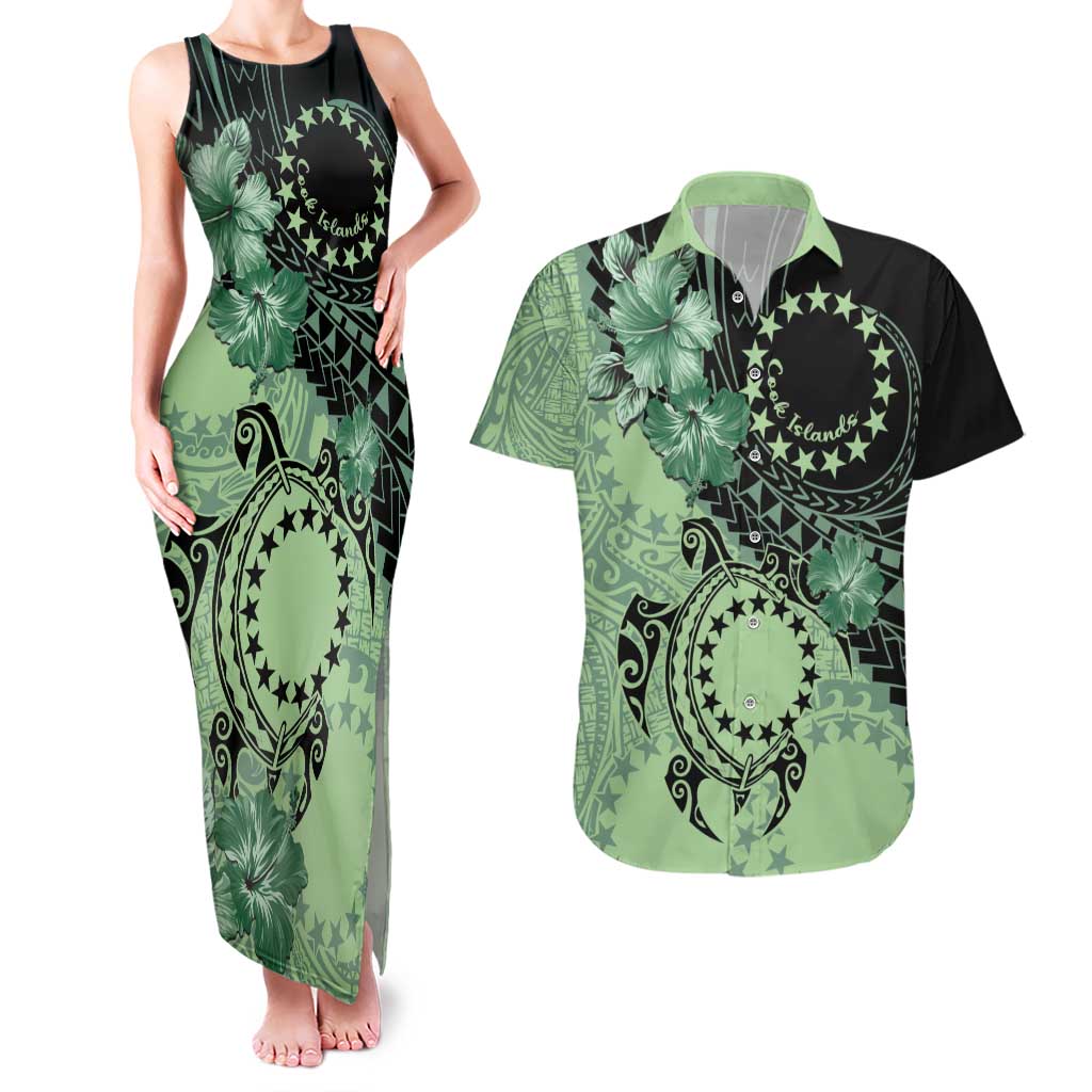Cook Islands Turtle Couples Matching Tank Maxi Dress and Hawaiian Shirt Stars and Hibiscus - Green LT01 Green - Polynesian Pride