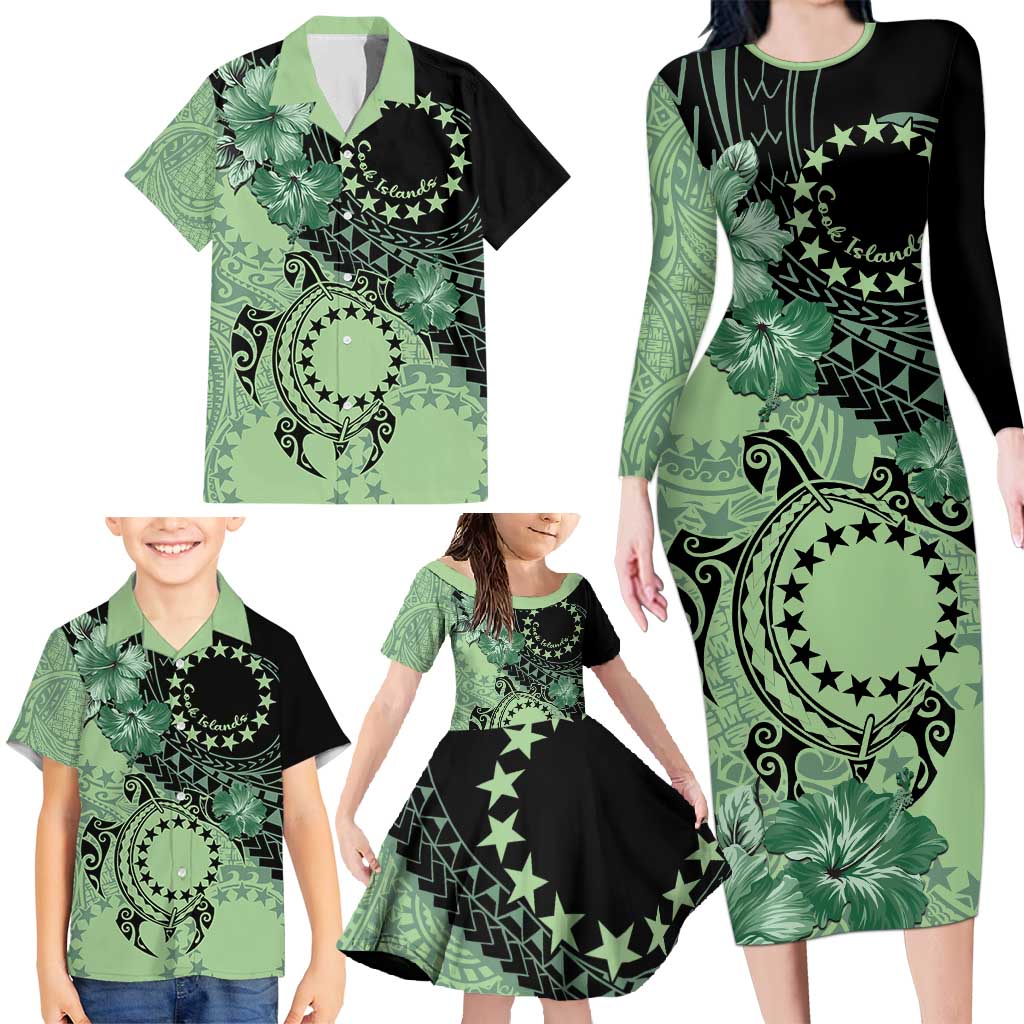 Cook Islands Turtle Family Matching Long Sleeve Bodycon Dress and Hawaiian Shirt Stars and Hibiscus - Green