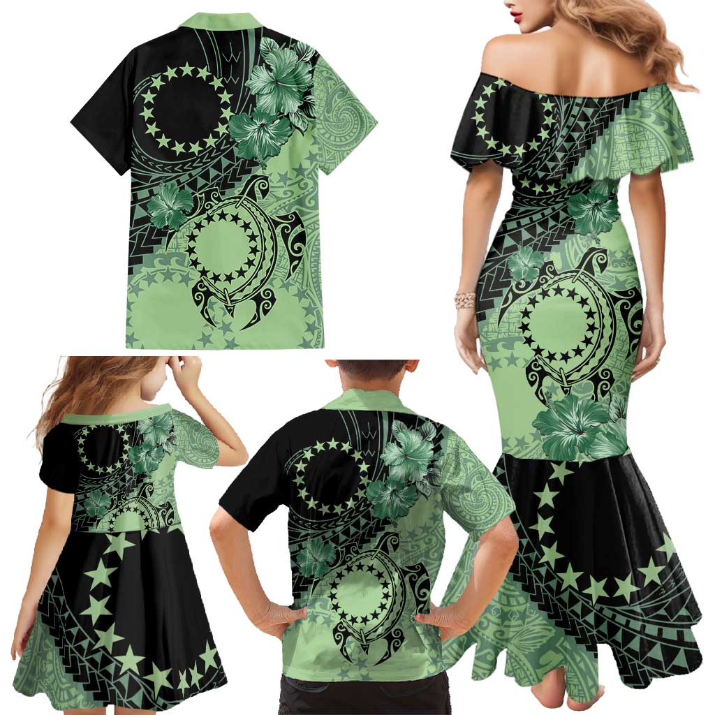 Cook Islands Turtle Family Matching Mermaid Dress and Hawaiian Shirt Stars and Hibiscus - Green