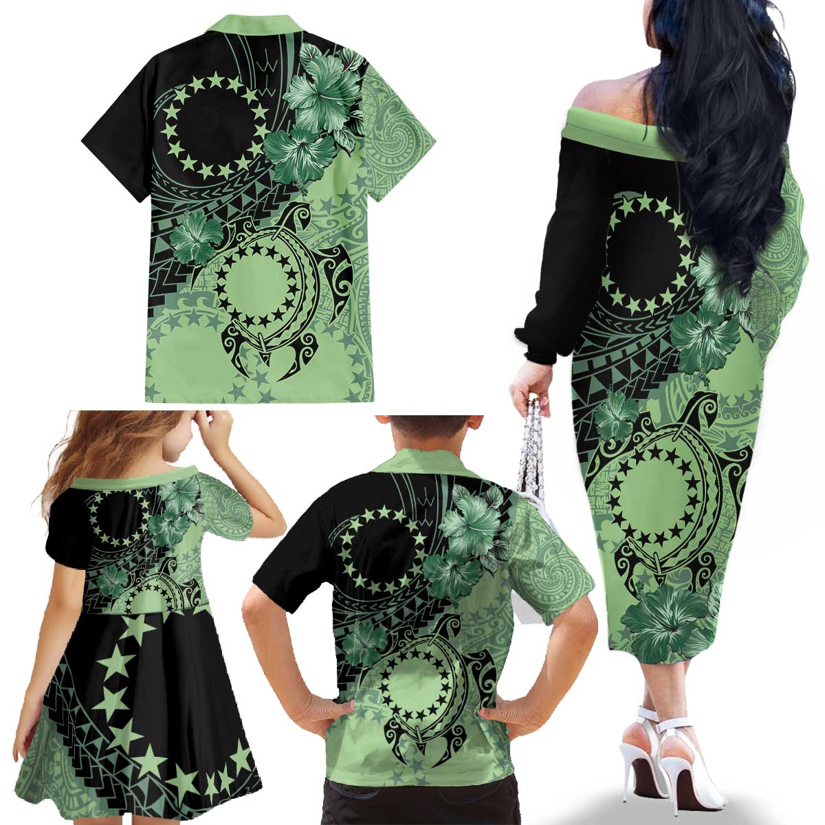 Cook Islands Turtle Family Matching Off The Shoulder Long Sleeve Dress and Hawaiian Shirt Stars and Hibiscus - Green
