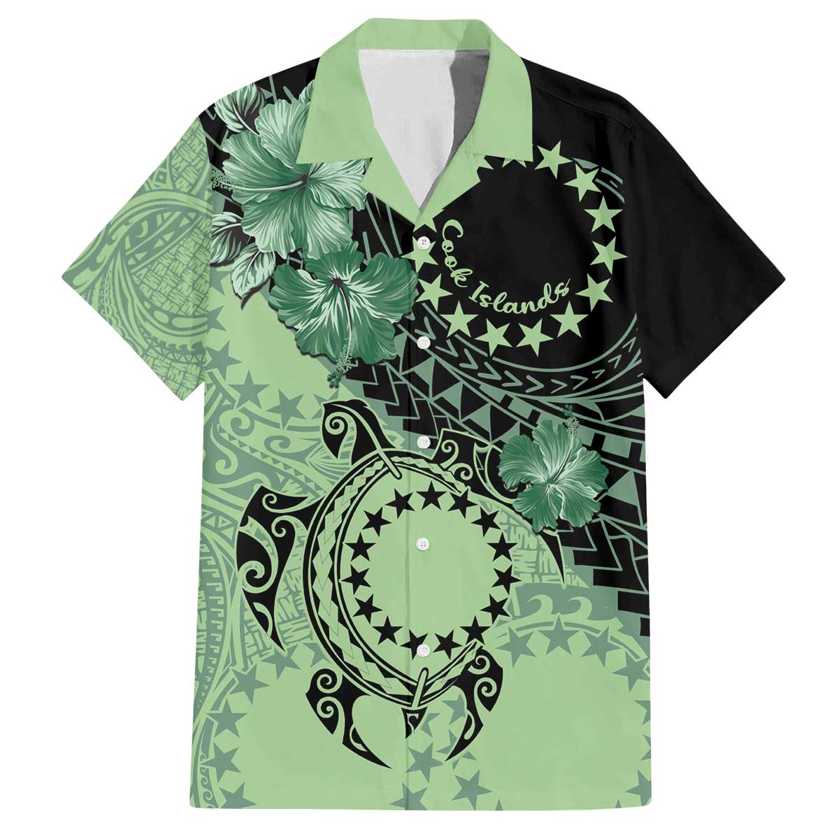 Cook Islands Turtle Family Matching Off The Shoulder Long Sleeve Dress and Hawaiian Shirt Stars and Hibiscus - Green