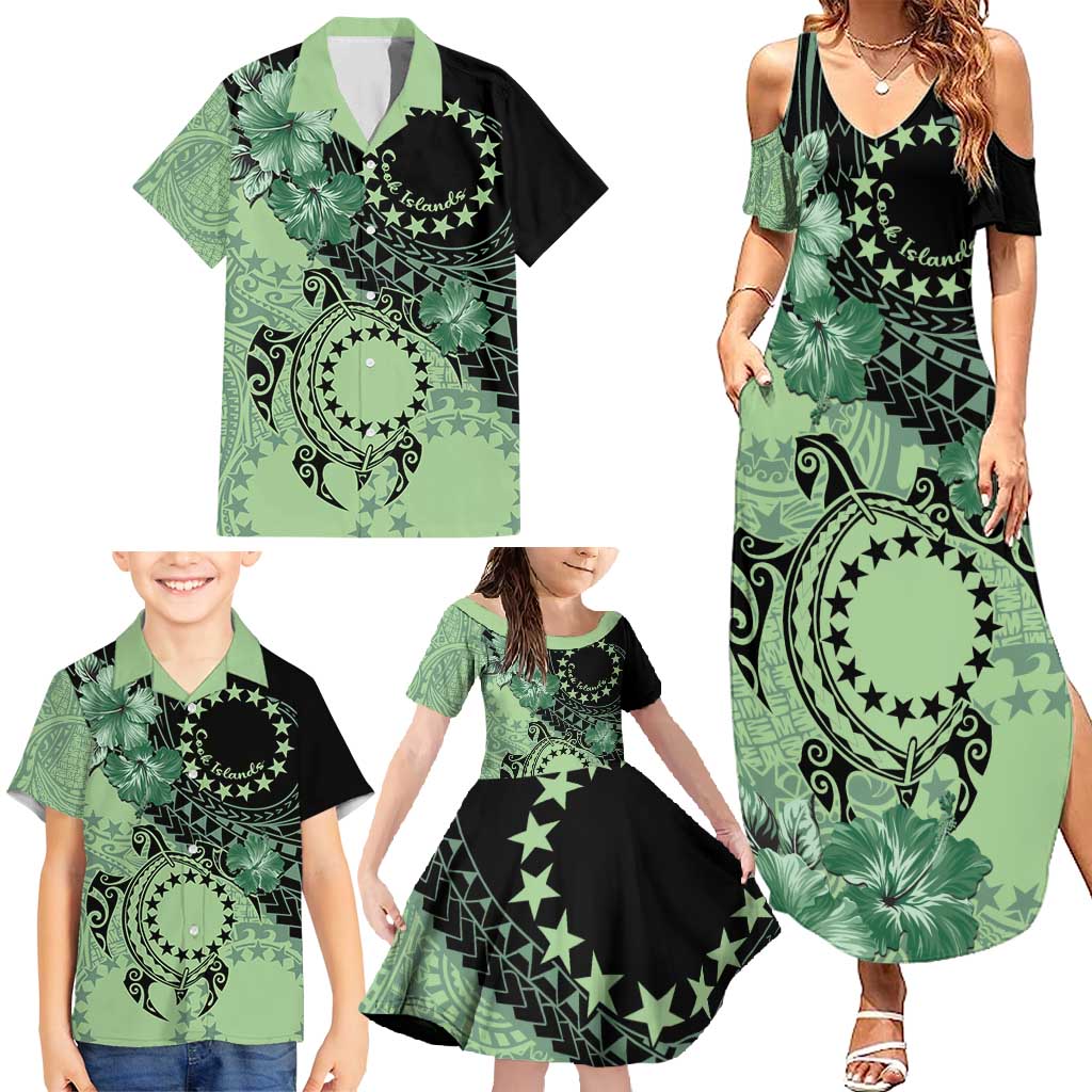 Cook Islands Turtle Family Matching Summer Maxi Dress and Hawaiian Shirt Stars and Hibiscus - Green