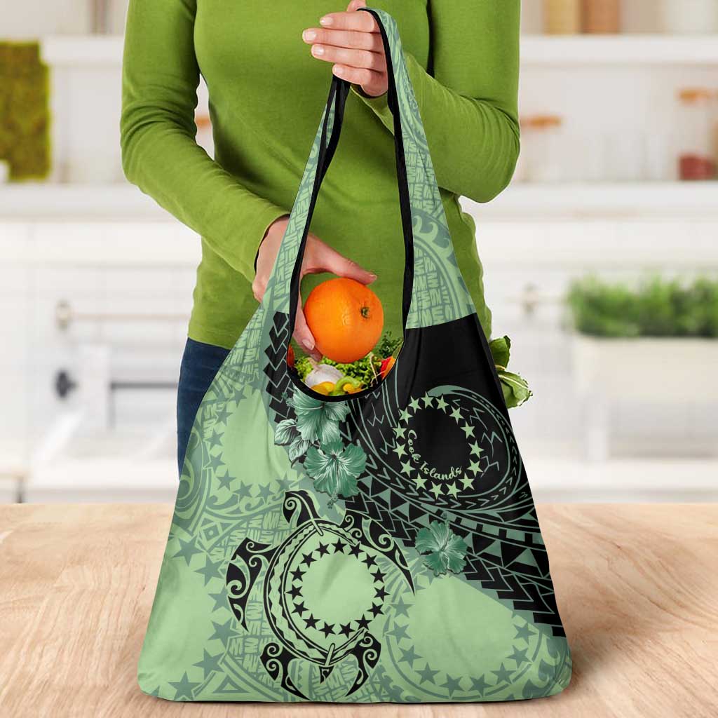 Cook Islands Turtle Grocery Bag Stars and Hibiscus - Green LT01 - Polynesian Pride