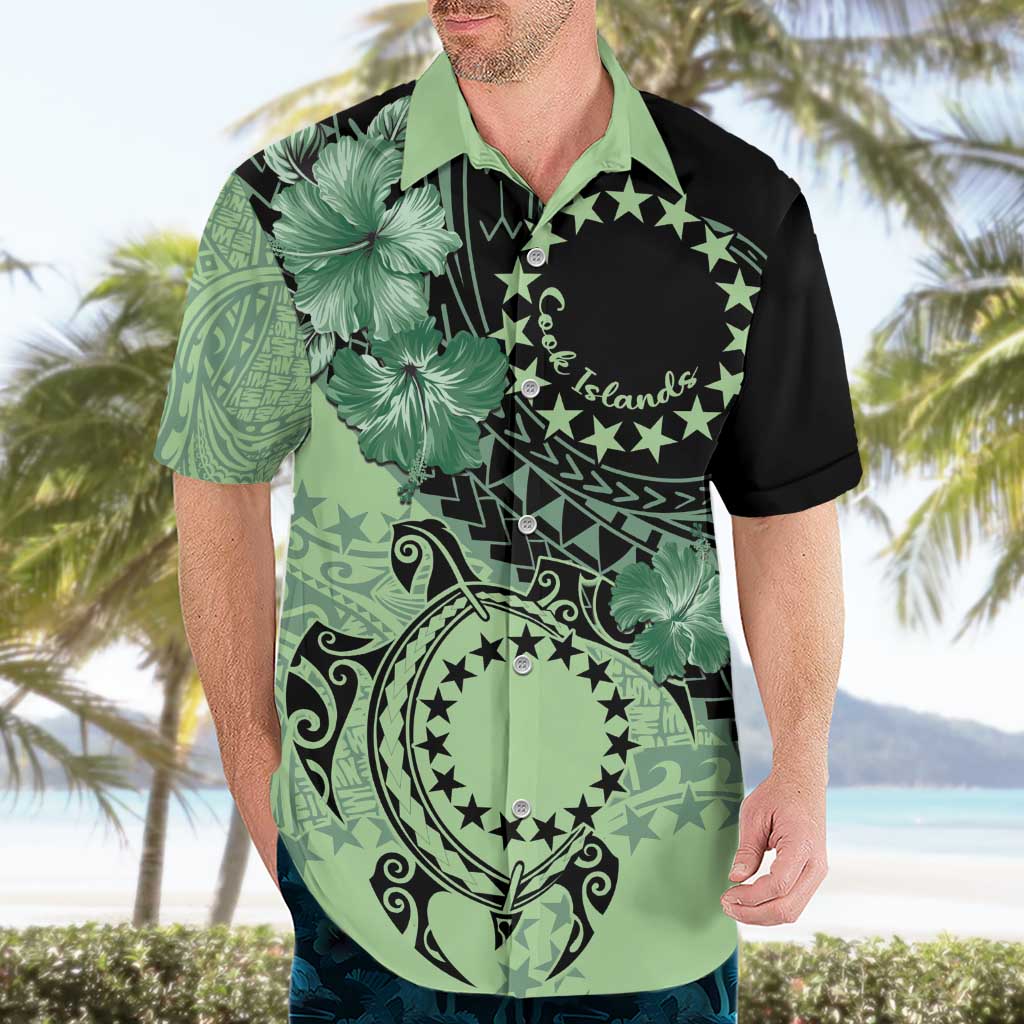 Cook Islands Turtle Hawaiian Shirt Stars and Hibiscus - Green LT01 - Polynesian Pride