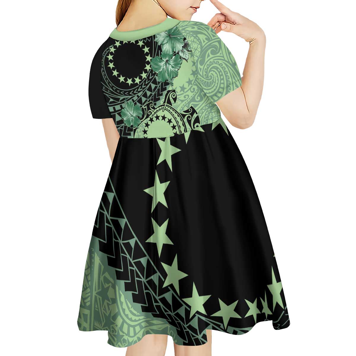 Cook Islands Turtle Kid Short Sleeve Dress Stars and Hibiscus - Green LT01 - Polynesian Pride