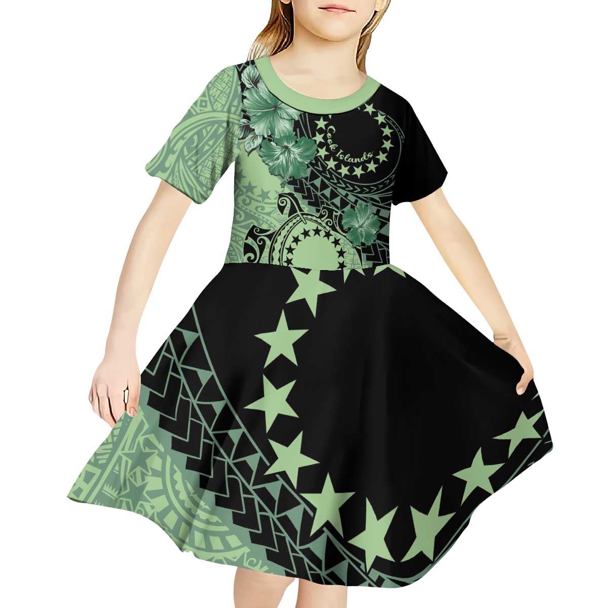 Cook Islands Turtle Kid Short Sleeve Dress Stars and Hibiscus - Green LT01 - Polynesian Pride